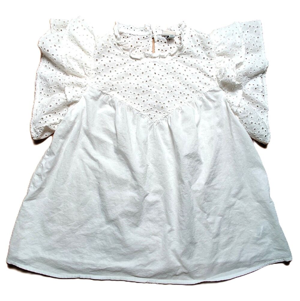 A New Day Eyelet Blouse Womens Medium White Ruffle Sleeve Cotton Top